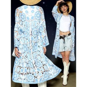POL Blue Crochet Duster Cardigan Boho Kimono Open Knit Lace Patchwork Floral NEW